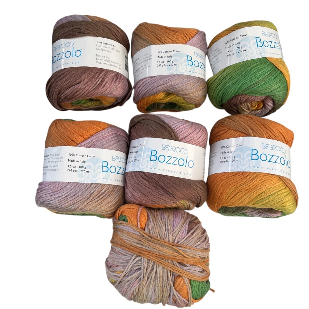 7 Cakes of Berroco Bozzolo Yarn 100g ea 100% Cotton New Green Purple Orange